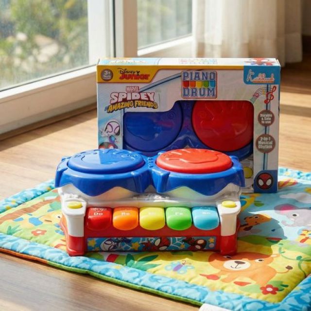 Spiderman Theme 2-in-1 Drum and Piano Music Toy for Kids - Interactive Musical Instrument Kit with 3D Lights & Sound, Educational Superhero Gift for Boys and Girls Ages 3+