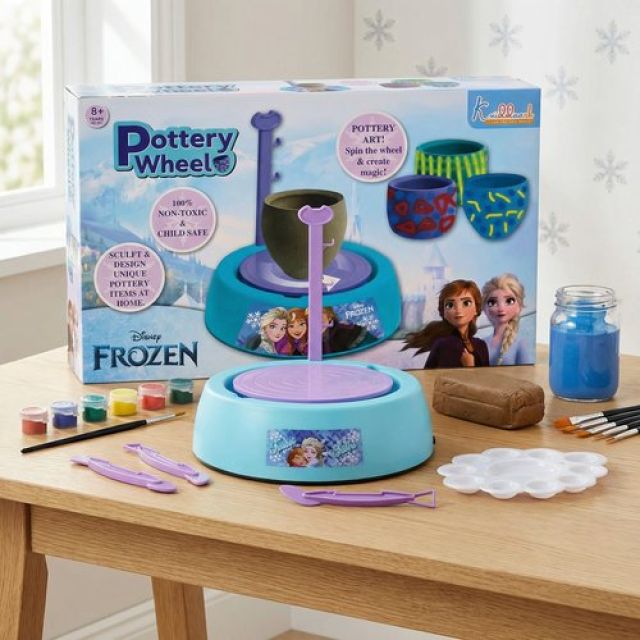 Frozen Theme Pottery Wheel Kit for Kids - Elsa & Anna Clay Art & Craft Set with 800g Clay, 6 Acrylic Paints & Sculpting Tools - Educational DIY Pottery Making Toy for Girls Age 8+ (Turkish Blue)