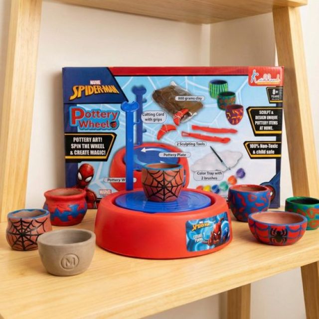 Spiderman Pottery Wheel Modeling Set for Kids - Complete Clay Sculpting, Art & Craft Kit with 800g Clay, Paints & Tools | Educational DIY Toy for Boys & Girls 8+ | Battery Operated with Music