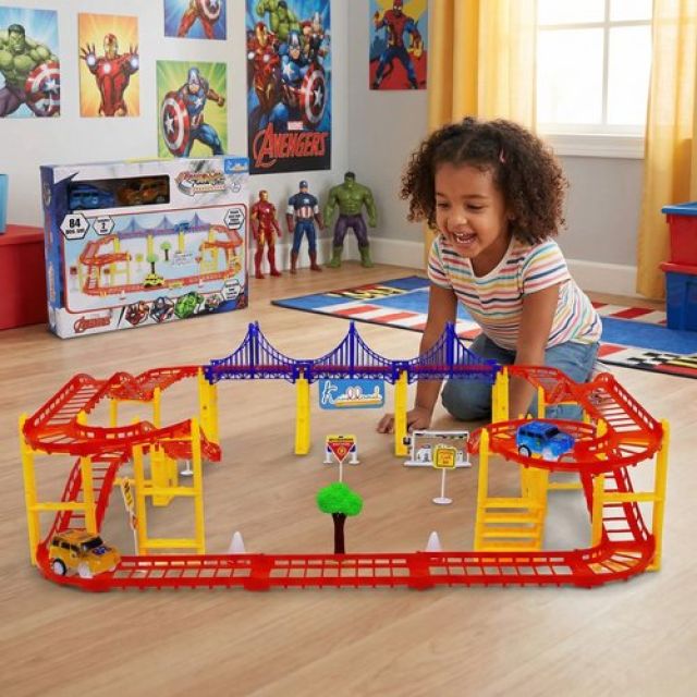 Avenger Theme Portable Car Track Playset - 86 Pcs Marvel Racing Track with Diecast Metal Cars, DIY Customizable Race Track for Kids 3+ Years, Realistic Miniature Collectible Toy (Multicolor)