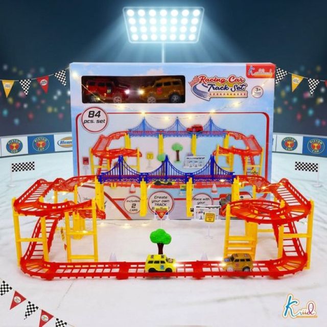 Car Track Medium (84 Pcs) Disney Cars Theme Race Track Set with 2 Diecast Cars, Bridges, Road Signs & Petrol Pump - Battery Operated DIY Racing Play Set for Kids 3+ Years