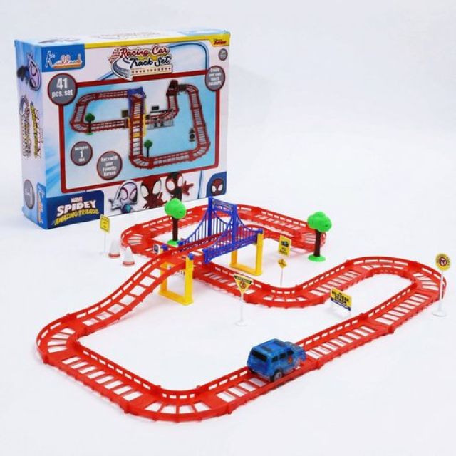 Spiderman Mini Track Set (41 Pcs) - Battery Operated Racing Car Track with Bridges, Roadway Signs & Traffic Cones | DIY Race Adventure Toy for Kids 3+ Years | Engaging & Educational Play Set