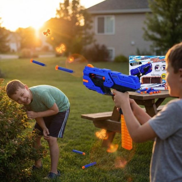 Mega Shooter Blaster Toy for Kids - Soft Bullet Gun with 12 Foam Darts, Long Range Shooting Toy, Safe Pretend Play Blaster for Boys and Girls 3+ Years, Multicolor
