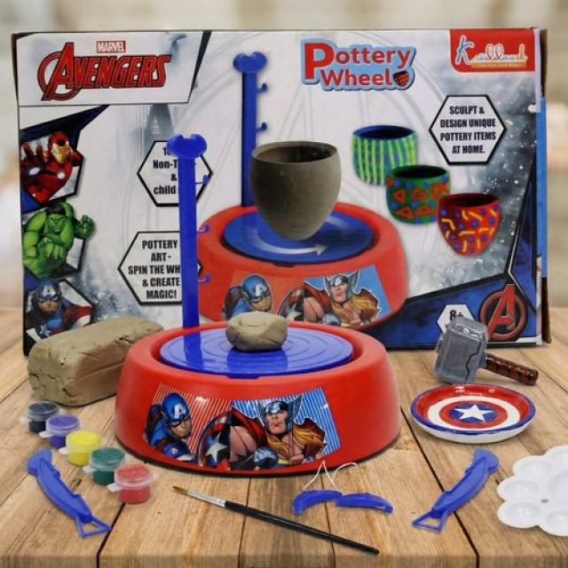 Marvel Avengers Theme Pottery Wheel - Superhero Clay Art & Craft Kit for Kids 8+ | DIY Pottery Studio with 800g Clay, Paints & Tools | Educational & Creative Birthday Gift | Non-Toxic & Safe