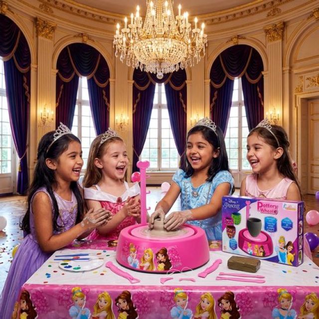 Disney Princess Theme Pottery Wheel Kit - Complete Fairy Tale Clay Art & Crafts Set with 800g Clay, 6 Acrylic Paints, Sculpting Tools & Music - Creative DIY Pottery Studio for Girls 8+ Years