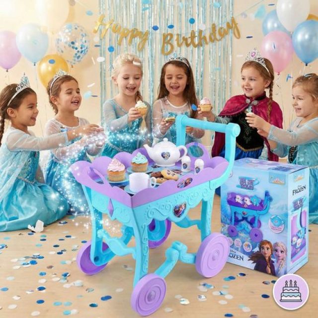 Frozen Tea Trolley Set - 32 Pcs Elsa & Anna Musical Tea Party Playset with Electronic Kettle, Lights & Sound - Pretend Play Kitchen Accessories, Birthday Gift for Kids 3+ Years (Turkish Blue)