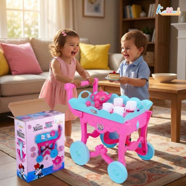 Minnie Tea Trolley Set for Kids - 32 Pcs Pretend Play Tea Party Toy with Electronic Kettle, Lights & Music - Battery Operated Educational Kitchen Set, Pink, Gift for Girls Age 3+