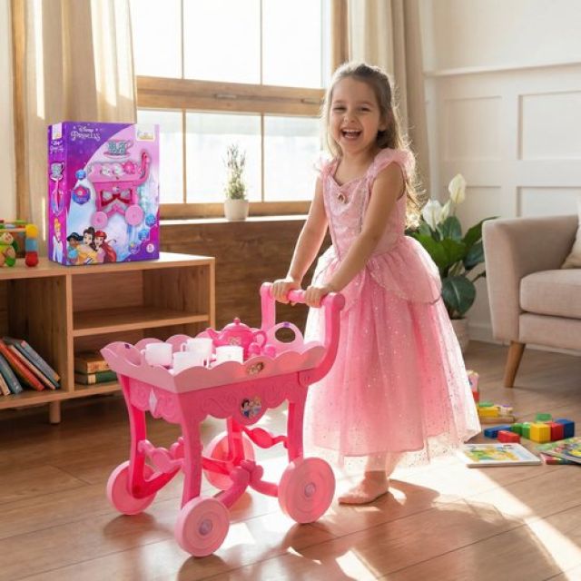 Disney Princess Musical Tea Trolley Set for Kids - 32 Pcs Pink Pretend Play Tea Party Cart with Interactive Sound Effects - Ideal Birthday Gift for Toddlers and Girls Aged 3+ Years