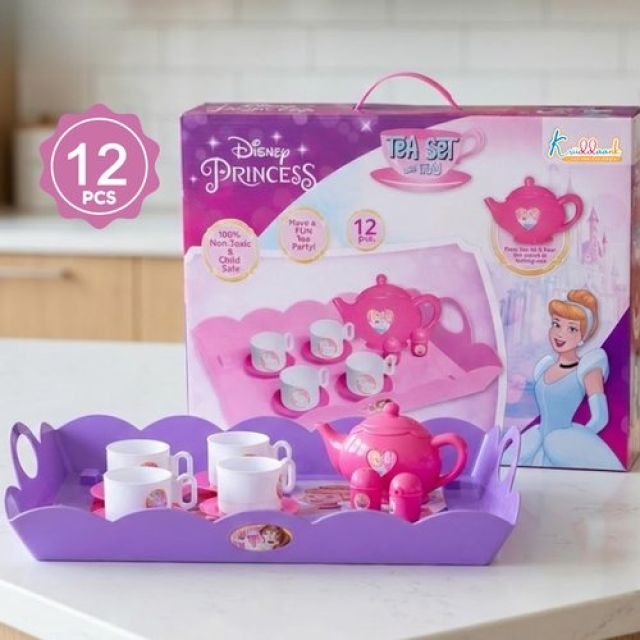 Princess Tea Playset - 12 Pcs Pretend Play Tea Party Set for Kids with Electronic Kettle, Boiling Sounds & Lights - Disney Princess Theme Kitchen Toys for 3+ Year Olds - Safe & Interactive Gift