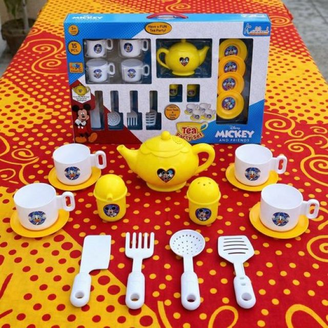 Disney Mickey Tea Party Set for Kids - 15 Pcs Pretend Play Kitchen Toy with Electronic Kettle, Realistic Boiling Sounds & Lights - Safe & Durable Tea Set with Cups & Saucers for Ages 3+