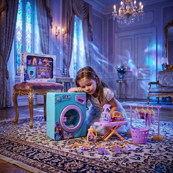 Kriiddaank Frozen Theme Washing Machine Toy Set for Kids - 11-Piece Interactive Disney Magic Home Appliances Pretend Play for Toddlers - Music & Educational Role Play Laundry Set - Ages 3+