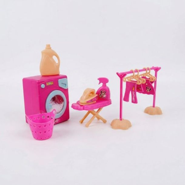 Kriiddaank Minnie Theme Washing Machine Toy - 15-Piece Interactive Pretend Play Laundry Set with Music, Ironing Board & Accessories - Pink Educational Disney Magic Gift for Toddlers Ages 3+