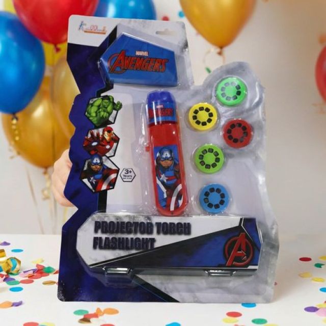 Marvel Avengers Projector Torch - Handheld Battery Operated LED Flashlight for Kids, Includes 3 Character Slides with 24 Patterns, Creative Drawing & Tracing Set with Stencils and Markers, Red