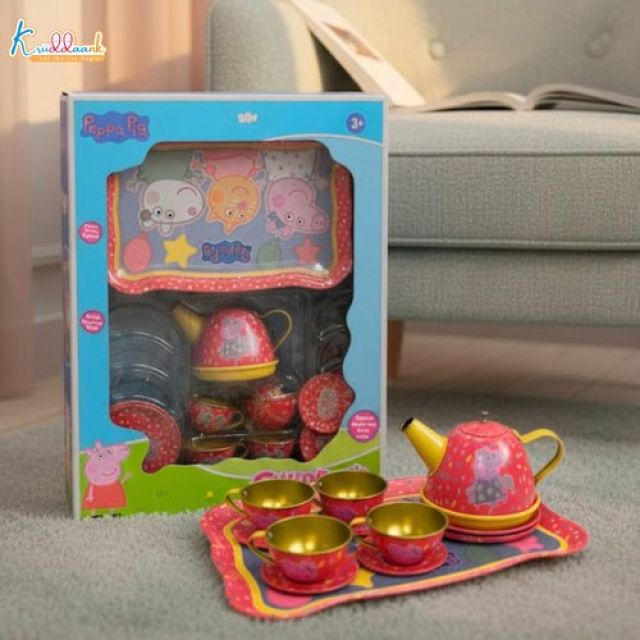 Peppa Pig 14-Piece Portable Tin Tea Set for Kids - Durable Metal Play Tea Party Set with Kettle, Cups, Saucers & Plates - Role Play Toy for Girls & Toddlers 3+ Years Old, Multicolor