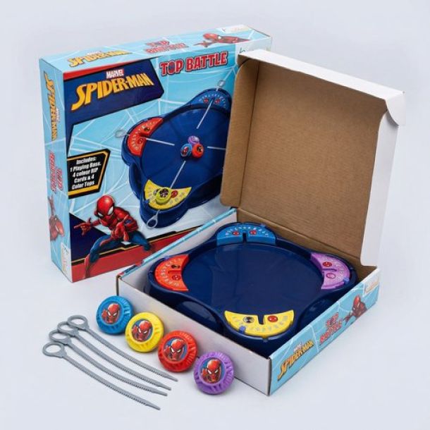 Kriiddaank Spiderman-Inspired Spinning Top Set - 5-Piece Battling Toy for Kids 5+, Includes Arena Base, 4 Rip Cords & 4 Color Tops, Action-Packed Multiplayer Fun for Boys & Girls