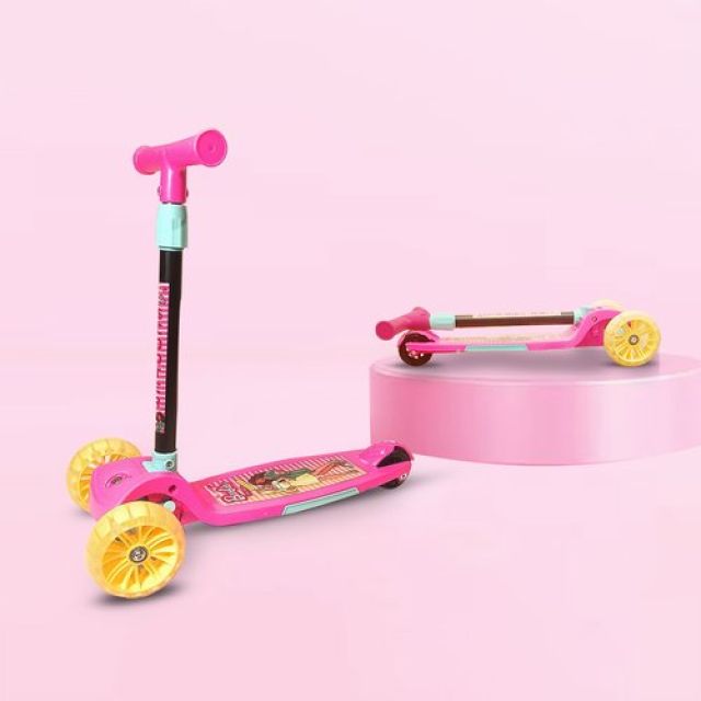 Kriiddaank Barbie Adventure 3-Wheel Kick Scooter for Kids (Ages 3-12), 5-Level Adjustable Height & Easy Fold Design, PVC Wheels, 25kg Weight Capacity, Pink