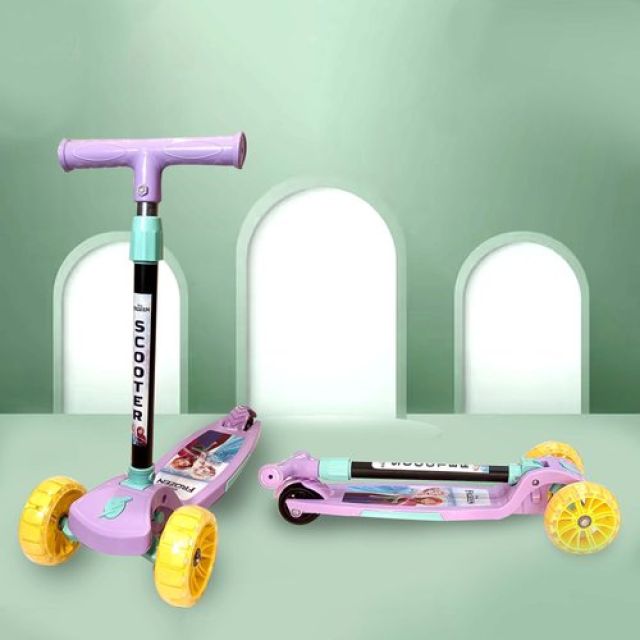Kriiddaank Disney Frozen Adventure 3-Wheel Kick Scooter for Kids - 5-Level Adjustable Height, Easy Fold Design, Light Up PVC Wheels & Manual Brake - For Boys & Girls Ages 3-12 (Turkish Blue, 25kg)