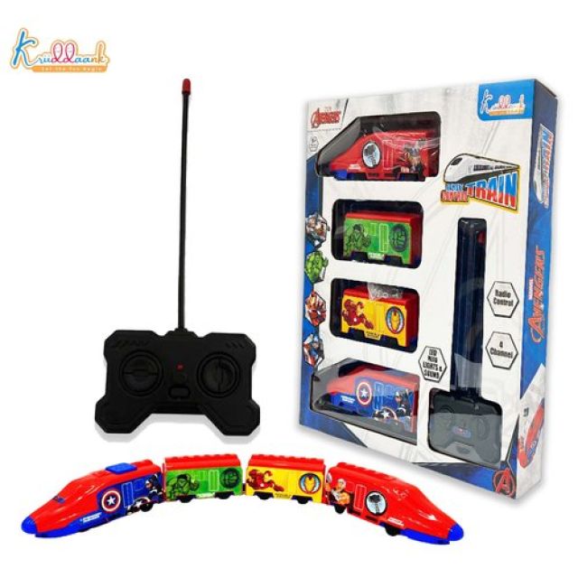 Kriiddaank Avengers Theme RC Train Toy for Kids - Rechargeable Remote Control EMU Express Train with LED Lights & Sound Effects, Superhero Railway Set for Boys & Girls 3+ Years (Blue)
