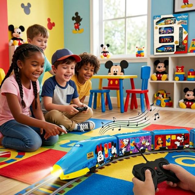 Kriiddaank Mickey Theme Remote Control Train Toy for Kids - Rechargeable EMU Express Train with LED Lights & Sounds, 4-Channel RC Railway Model, Disney Gift for Boys & Girls (Blue)